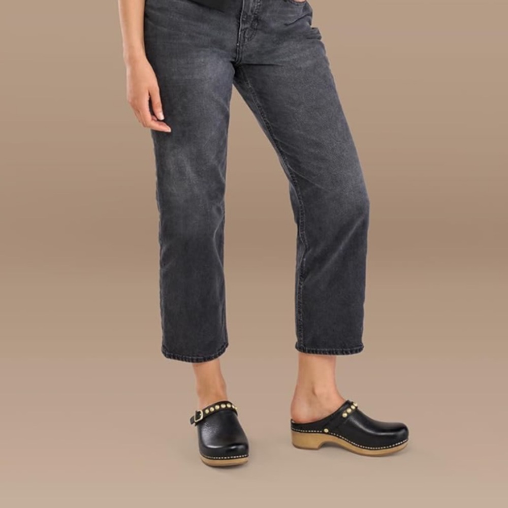 Dansko Black Leather Mules with Gold Studs